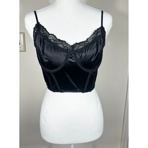 Forever 21 Black Satin Corset Top Bustier Lace Trim Women's M Coquette Babydoll
